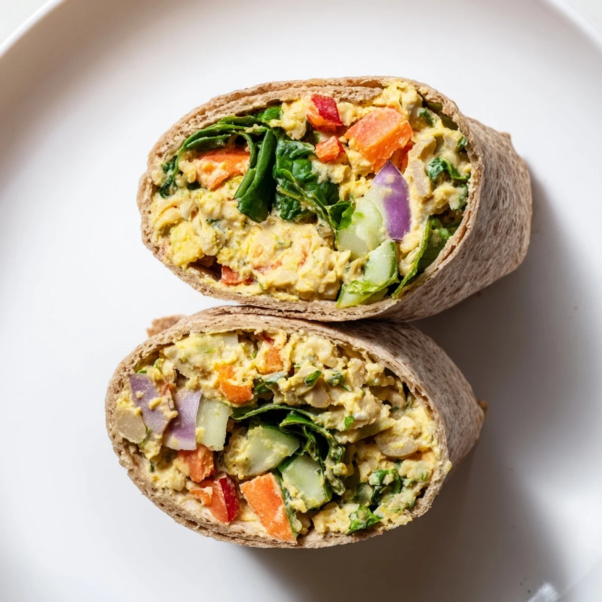 Creamy chickpea salad wraps brimming with colorful veggies, ready for a satisfying, healthy lunch.