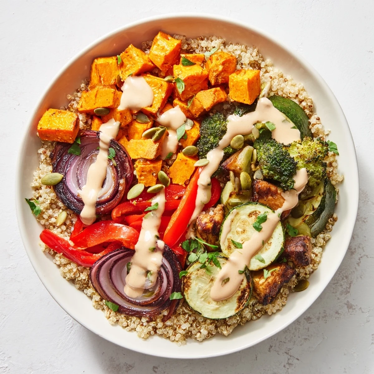 Vibrant quinoa bowl with roasted seasonal veggies, drizzled with creamy lemon-tahini dressing.