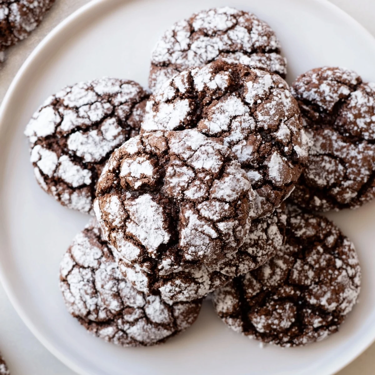 A close-up of Chocolate Gingerbread Crinkle Cookies, dusted in powdered sugar, ready to savor.