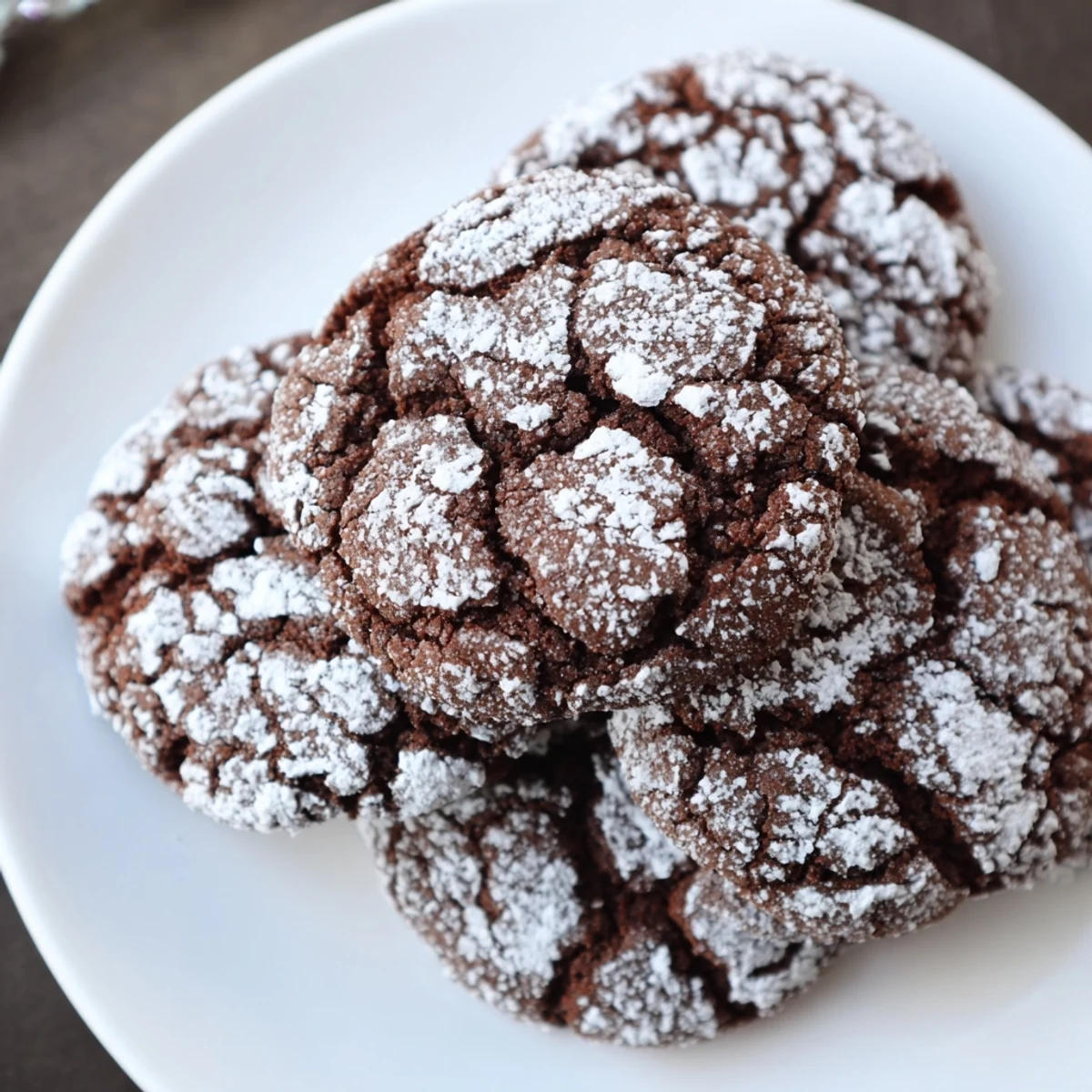 Festive plate of Chocolate Gingerbread Crinkle Cookies, showcasing the beautiful crackle and warm spice aroma.
