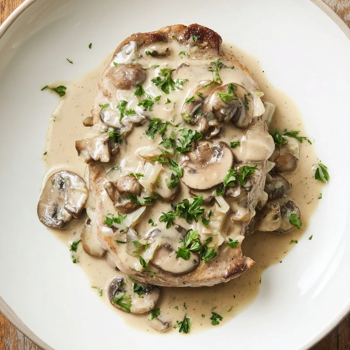Hearty, comforting bowl of Stove Top Pork Chops—tender meat with a creamy mushroom sauce and fresh parsley.