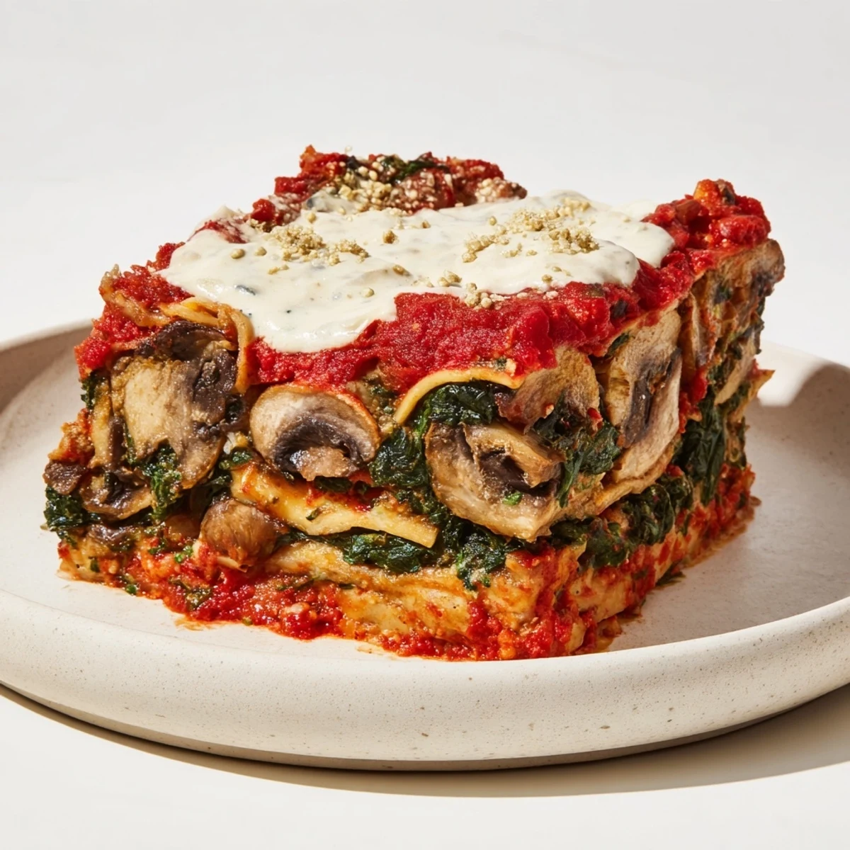 Steaming hot Vegan Mushroom Spinach Lasagna, layered with hearty vegetables and creamy dairy-free sauce.