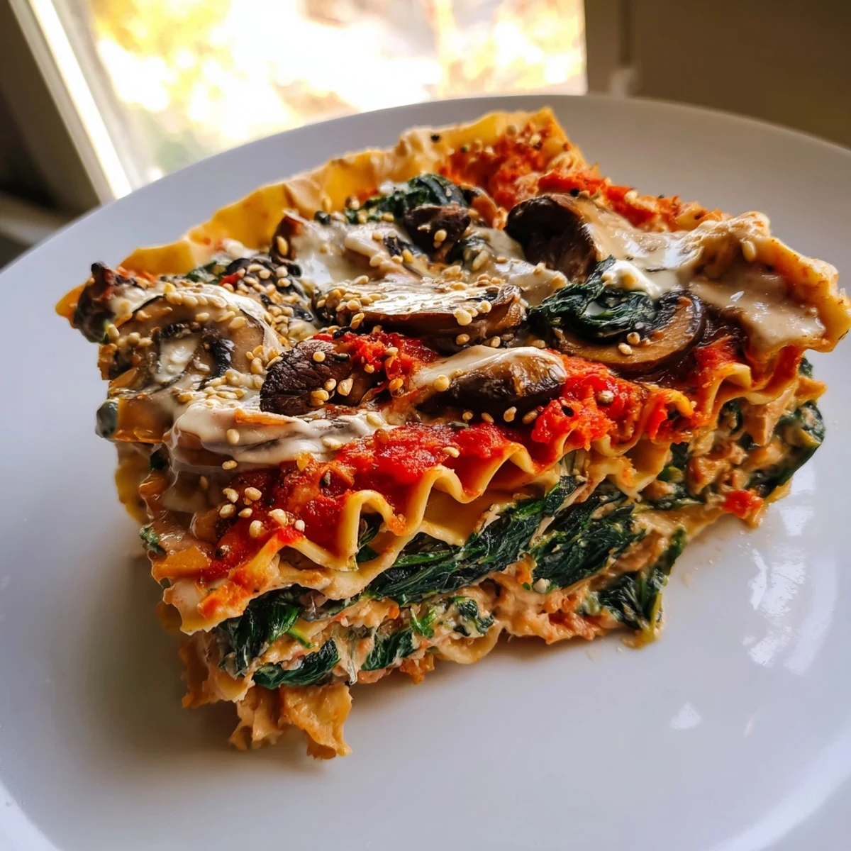 Tempting aroma! This Vegan Mushroom Spinach Lasagna is ready to be sliced, offering creamy goodness.