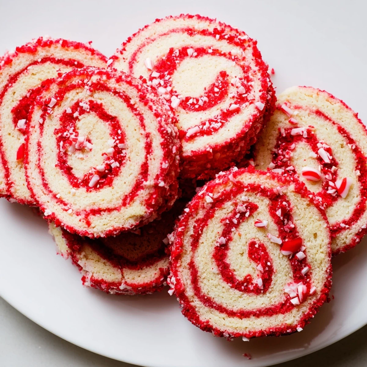 Beautifully swirled Candy Cane Pinwheel Cookies, boasting festive red and white patterns ready to enjoy.