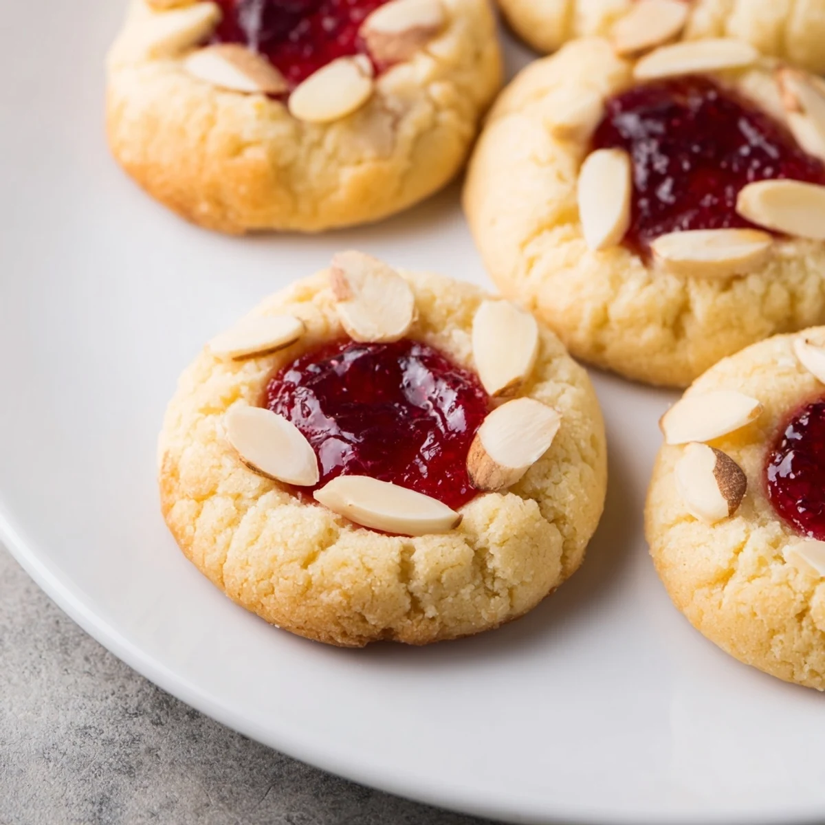 Close-up of freshly baked Cherry Almond Thumbprint Cookies, almond-flavored with a sweet cherry filling.
