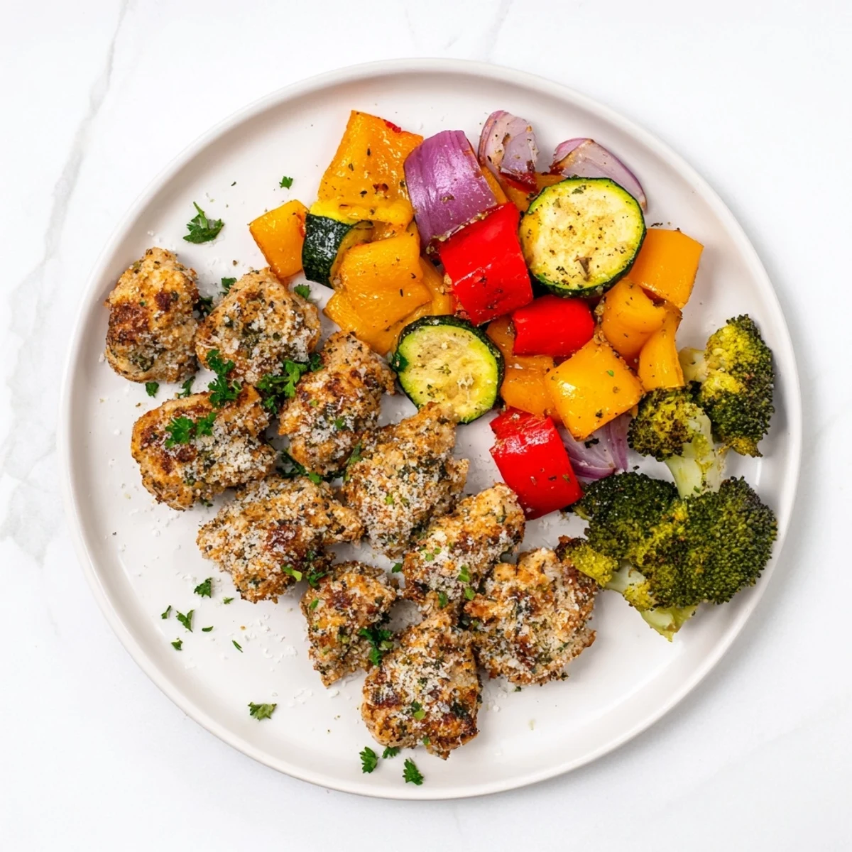 Golden Garlic Parmesan Chicken Bites, served with roasted vegetables on a sheet pan, ready to enjoy.