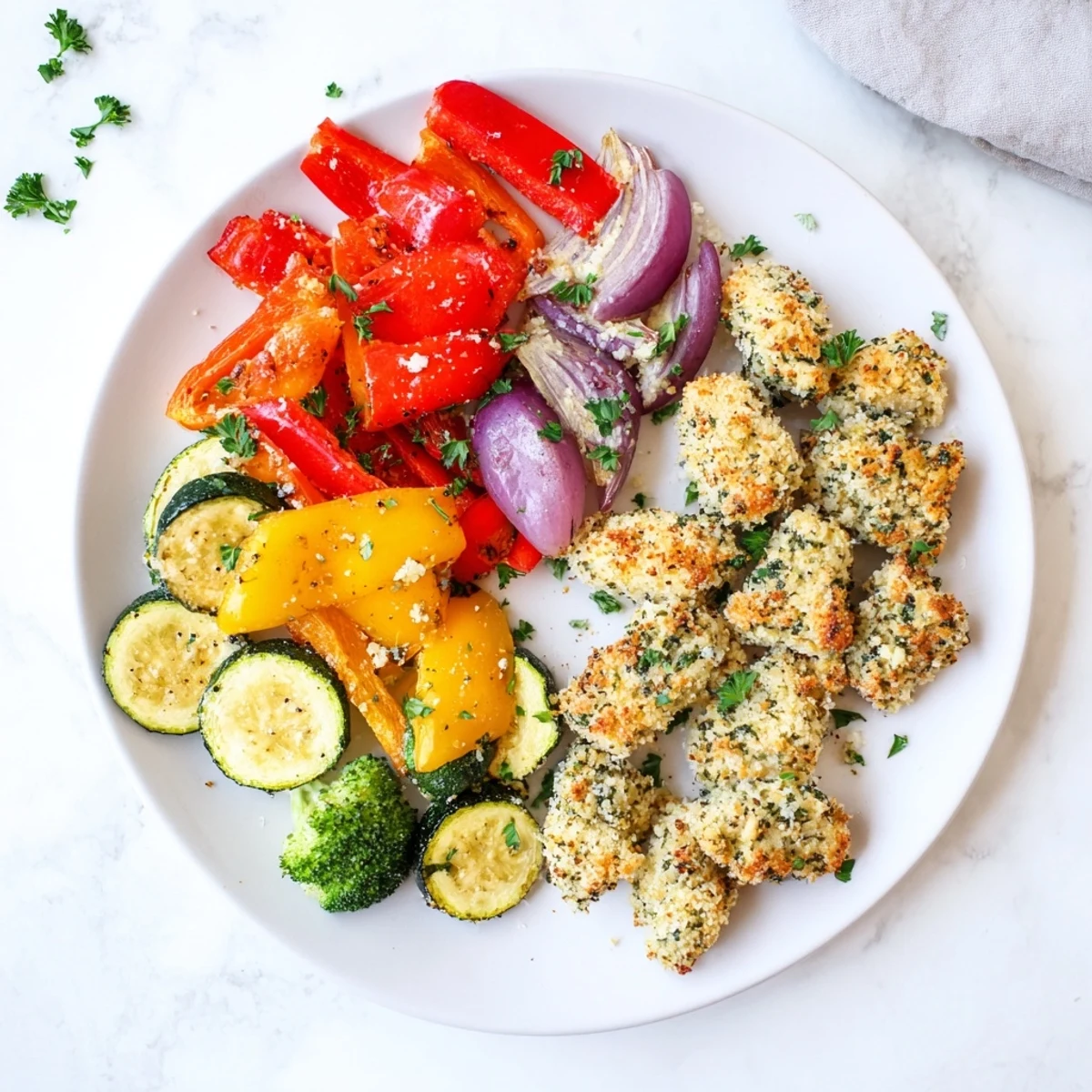 Crispy Garlic Parmesan Chicken Bites sheet pan meal with colorful bell peppers and broccoli, a delicious dinner.
