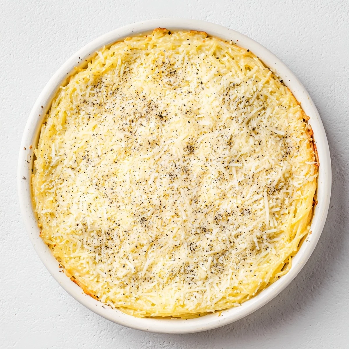 A close-up shot of the baked Cacio e Pepe Pasta Pie with a perfect, golden crust.