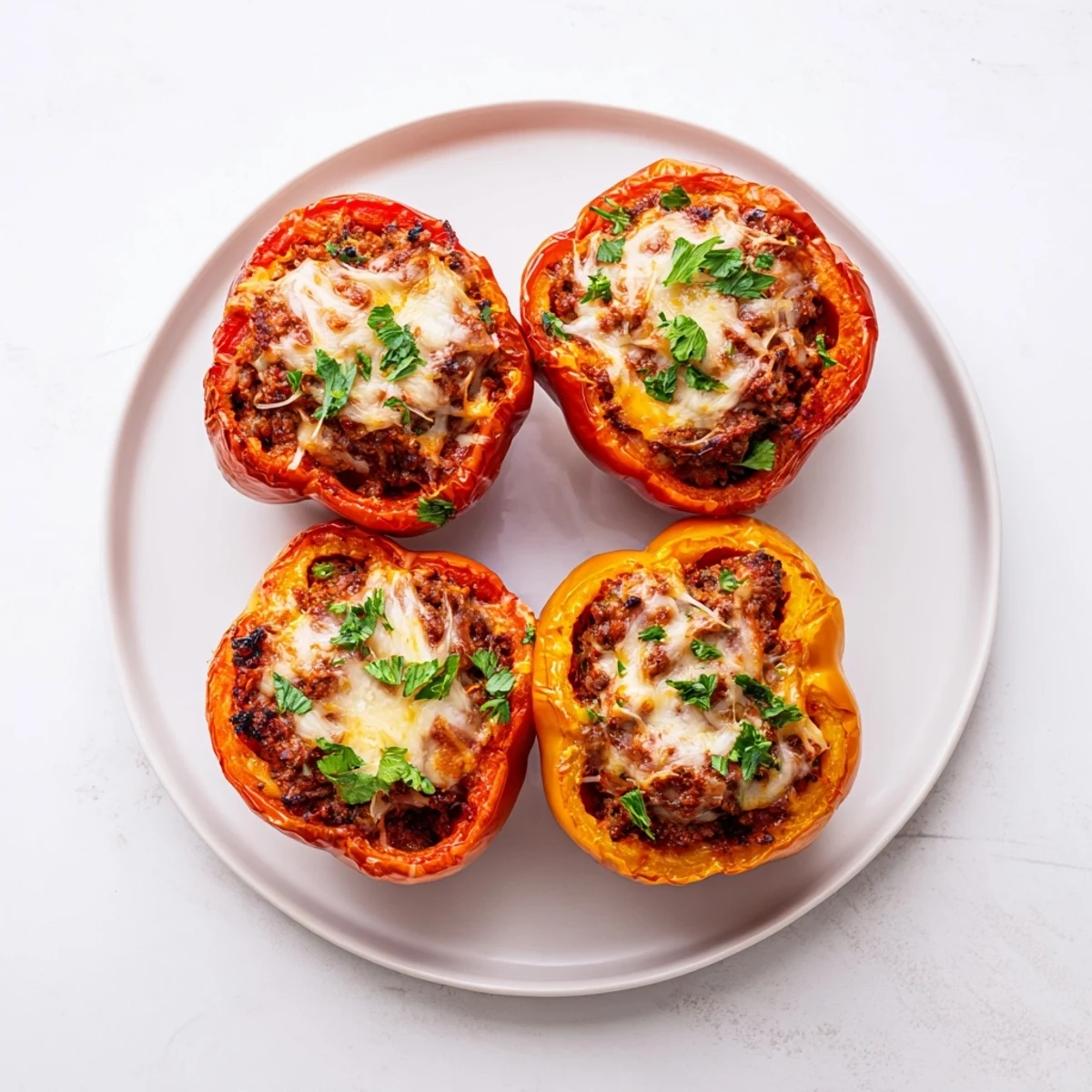 Sloppy Joe stuffed bell peppers overflowing with savory beef and melted cheddar for dinner.
