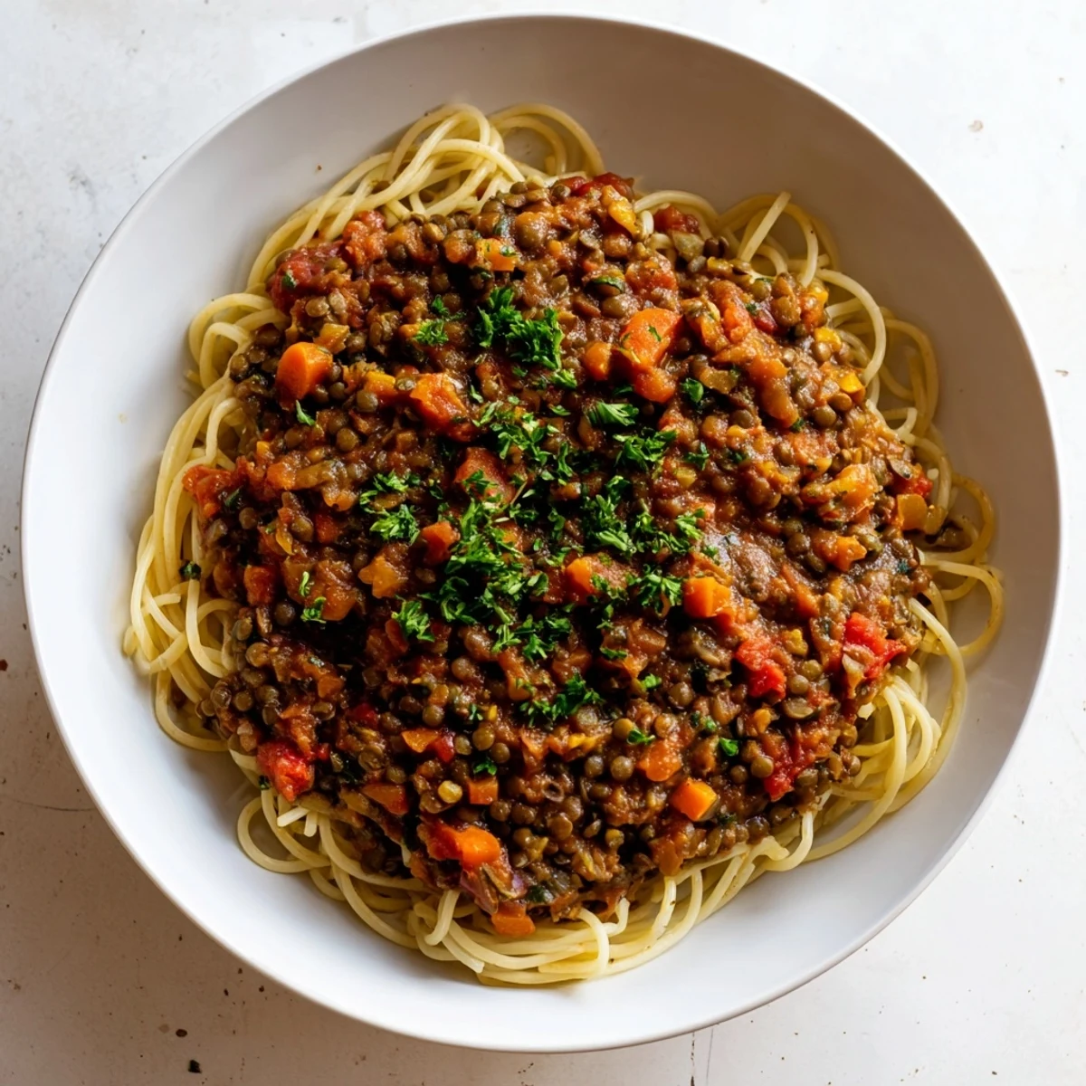 Steaming hot Hearty Lentil Bolognese, a hearty vegan pasta dish ready to be served.