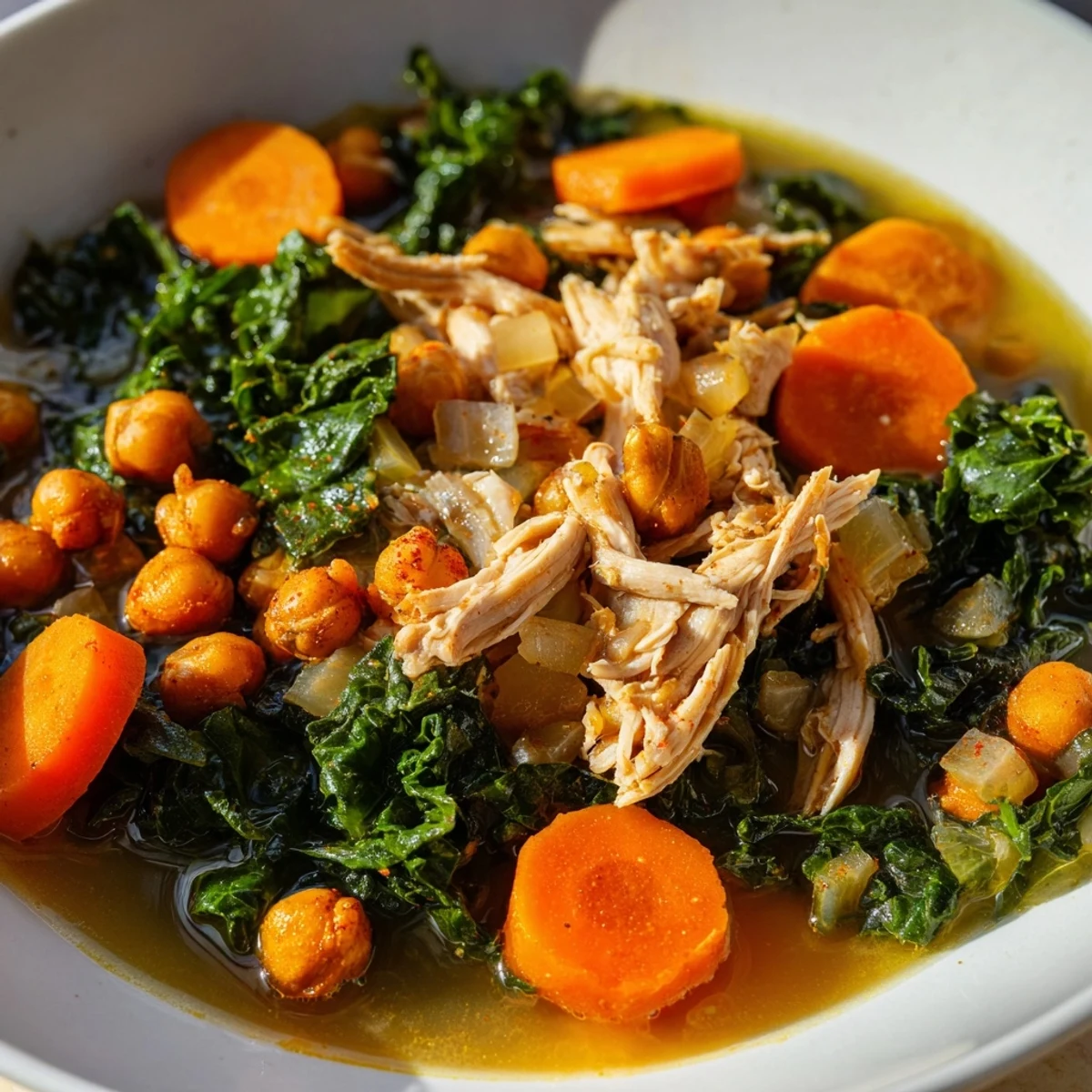 A warm bowl of Chicken Kale Soup with crispy chickpeas, a comforting and flavorful dinner.