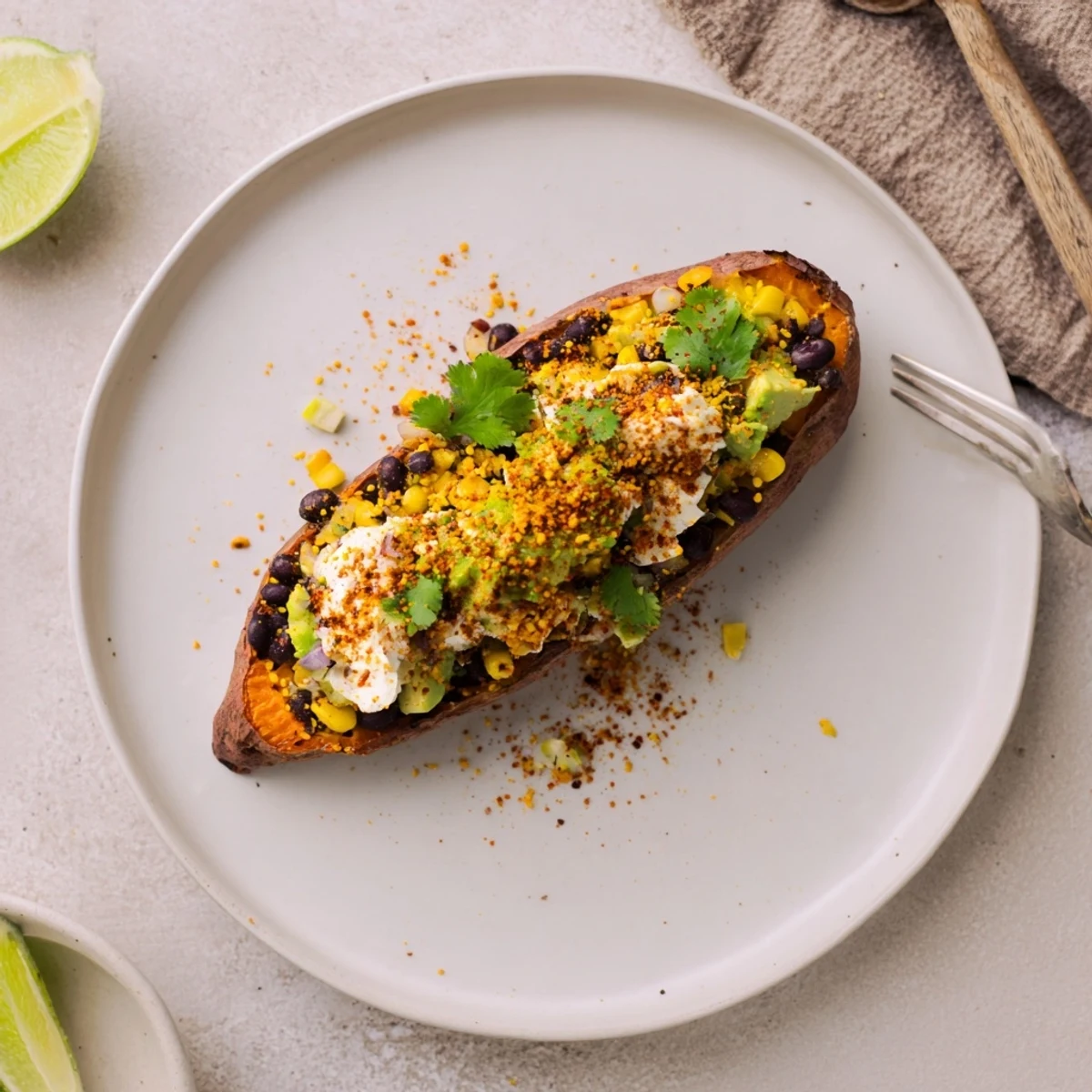 Golden-brown Loaded Baked Sweet Potatoes, brimming with a colorful, flavorful black bean and corn topping.