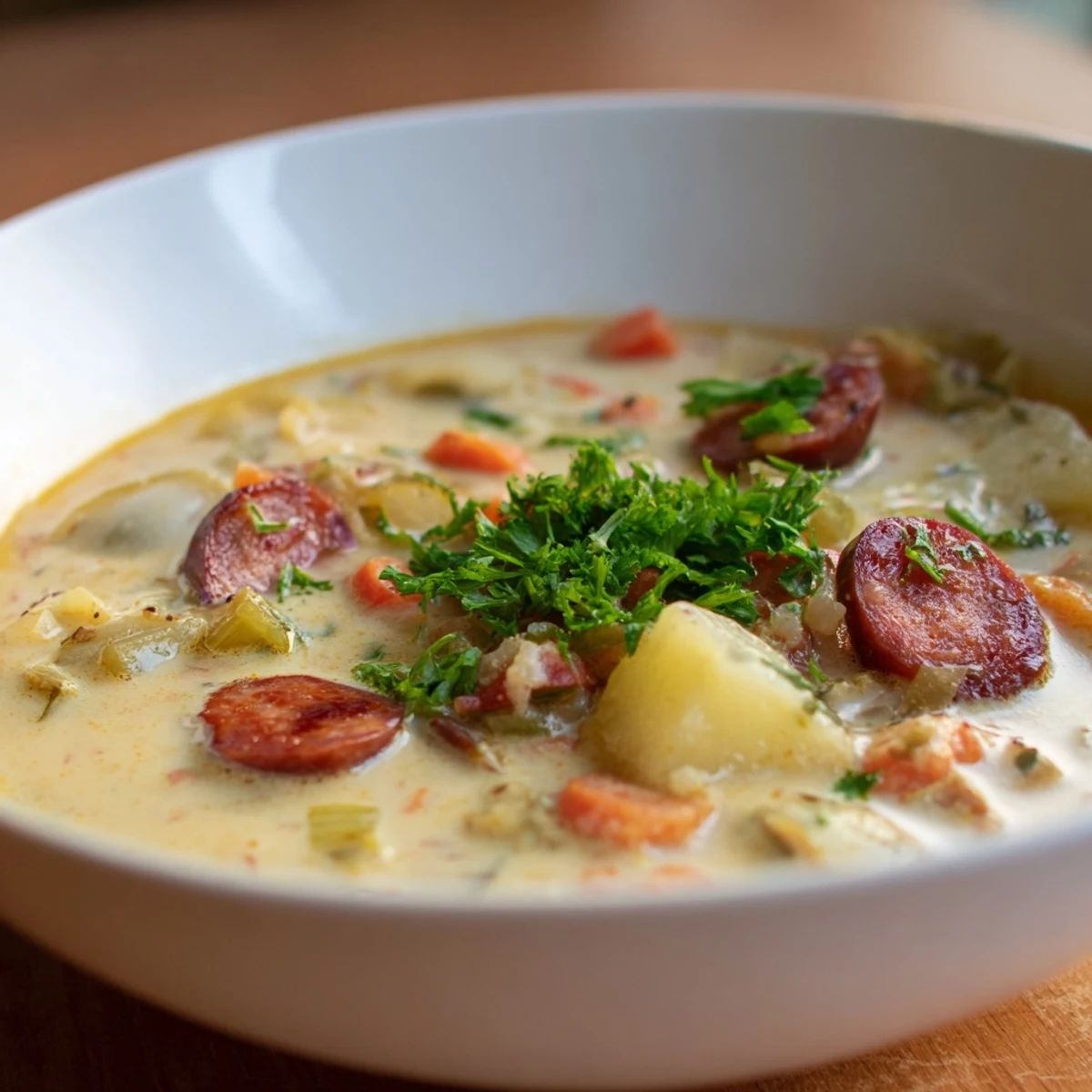 Creamy Chorizo Potato Soup, a steaming bowl of chunky potatoes and spicy chorizo, ready to serve.