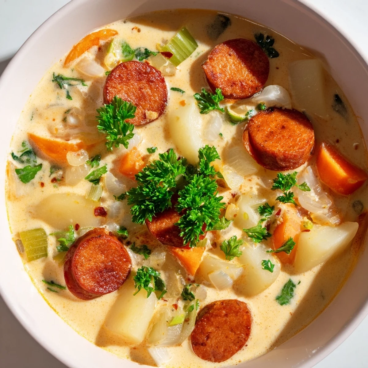 Enjoy a comforting bowl of Creamy Chorizo Potato Soup, garnished with fresh parsley, warm and inviting.