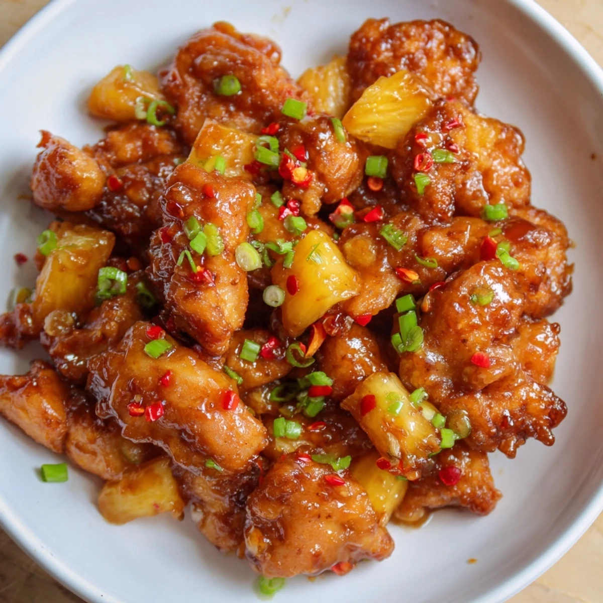 Golden, glistening Brown Sugar Pineapple Chicken, ready to serve with pineapple chunks and rice.
