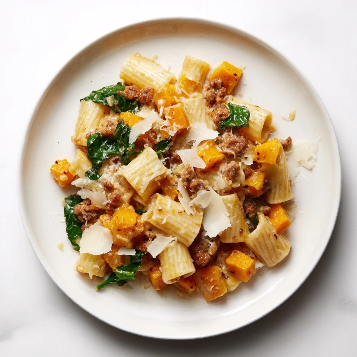 Creamy Rigatoni with butternut squash, Italian sausage and Parmesan, a flavorful pasta dish.