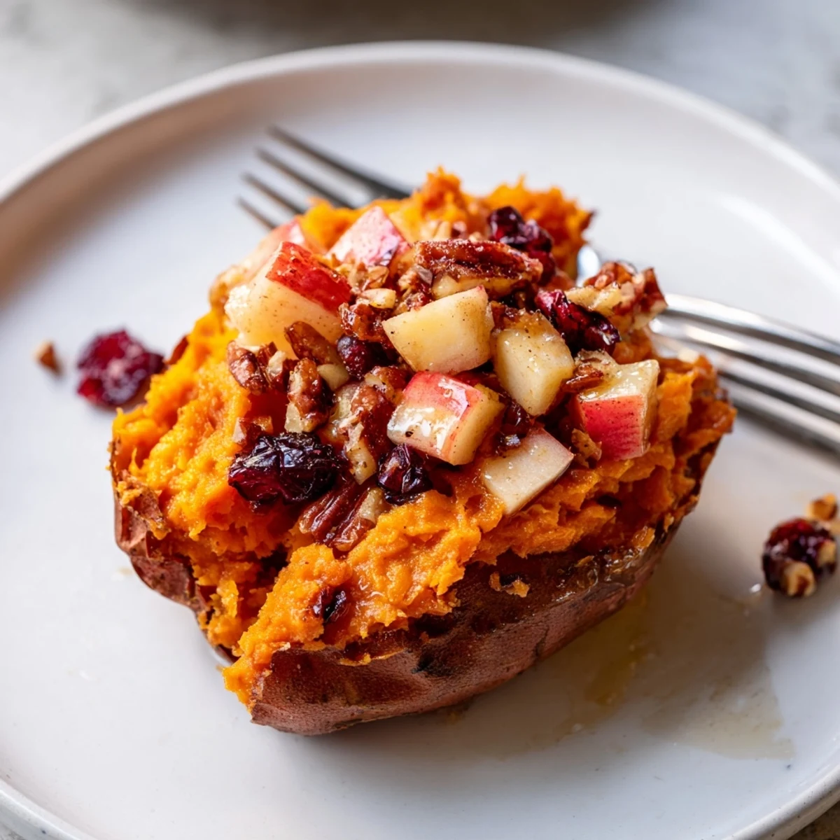 Golden, baked Cranberry Apple Twice-Baked Sweet Potatoes, topped with pecans, ready to serve this holiday season.