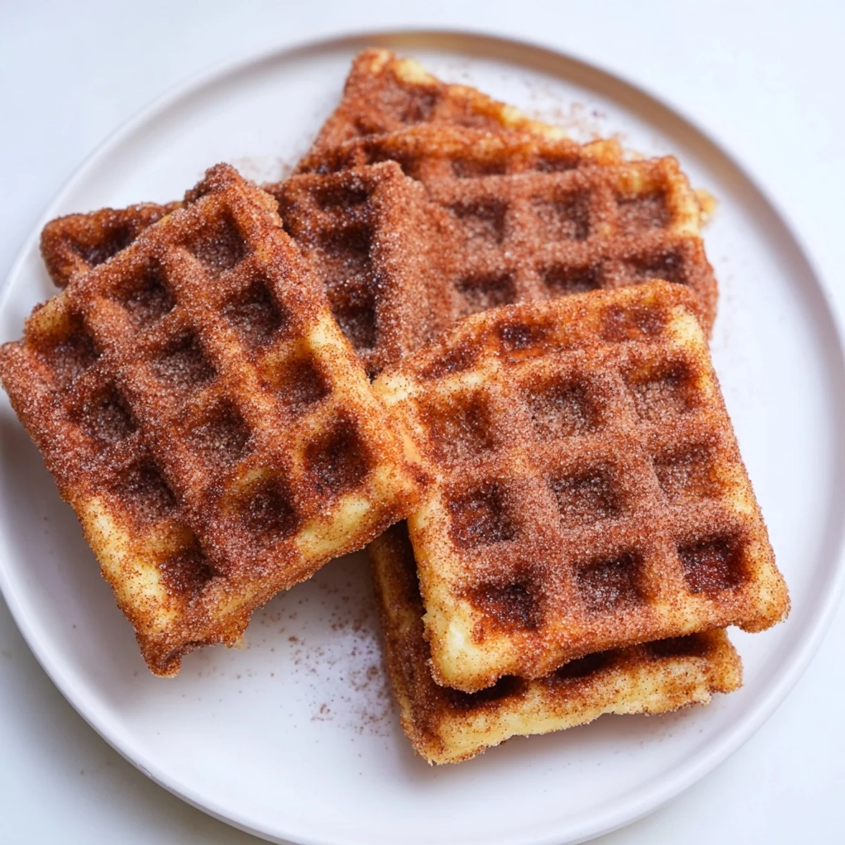 Warm, crispy Express Cinnamon Sugar Churro Waffles, with a generous cinnamon sugar coating and melted butter.
