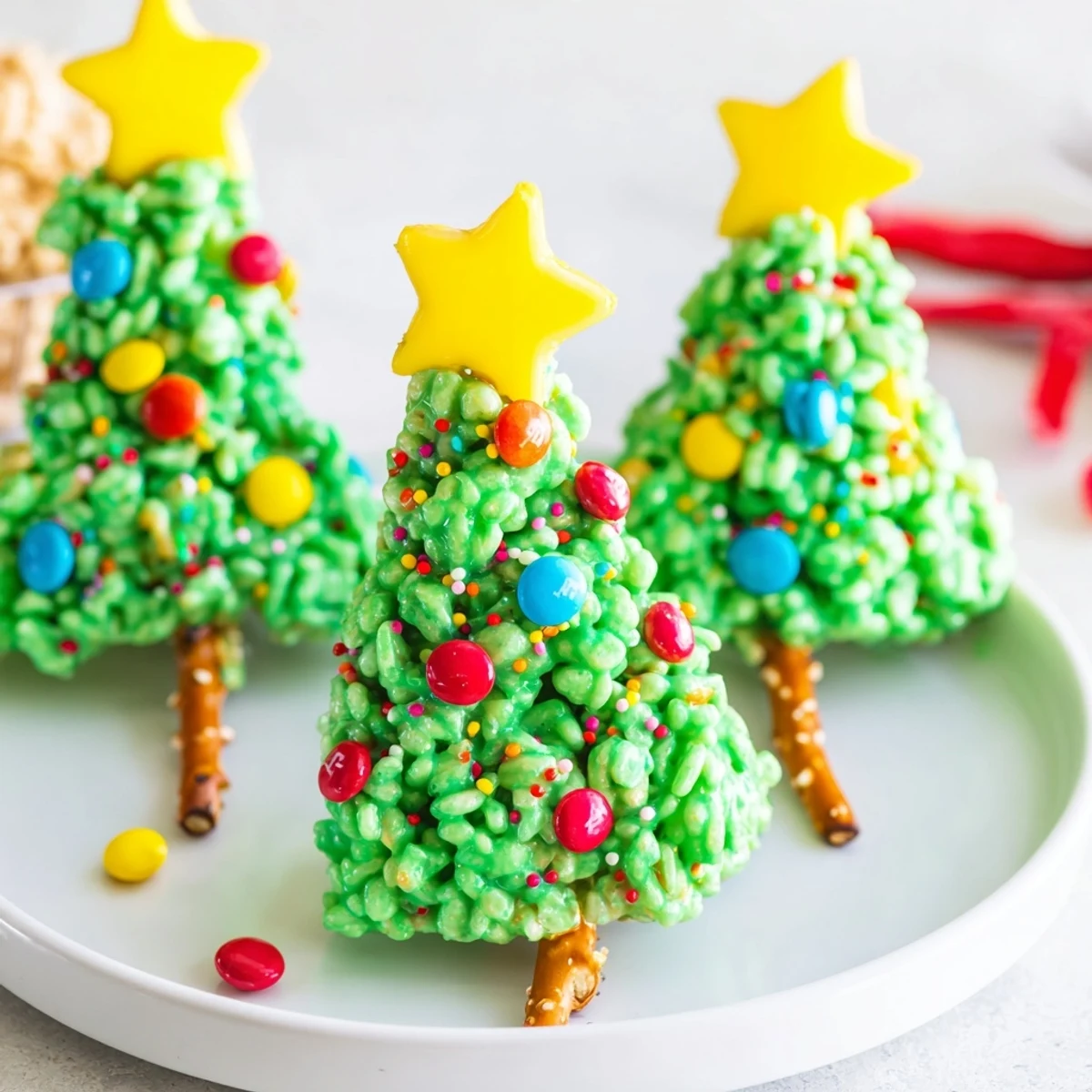 Bright green Christmas Tree Rice Crispy Treats studded with colorful candies, perfect holiday dessert.
