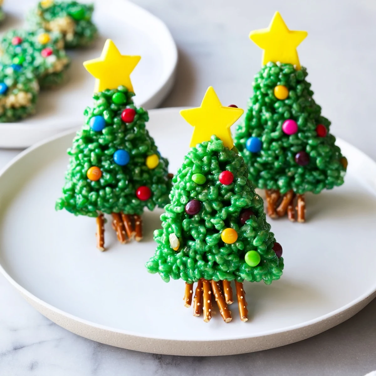 Homemade Christmas Tree Rice Crispy Treats, a festive snack with star candy toppings, ready to enjoy.