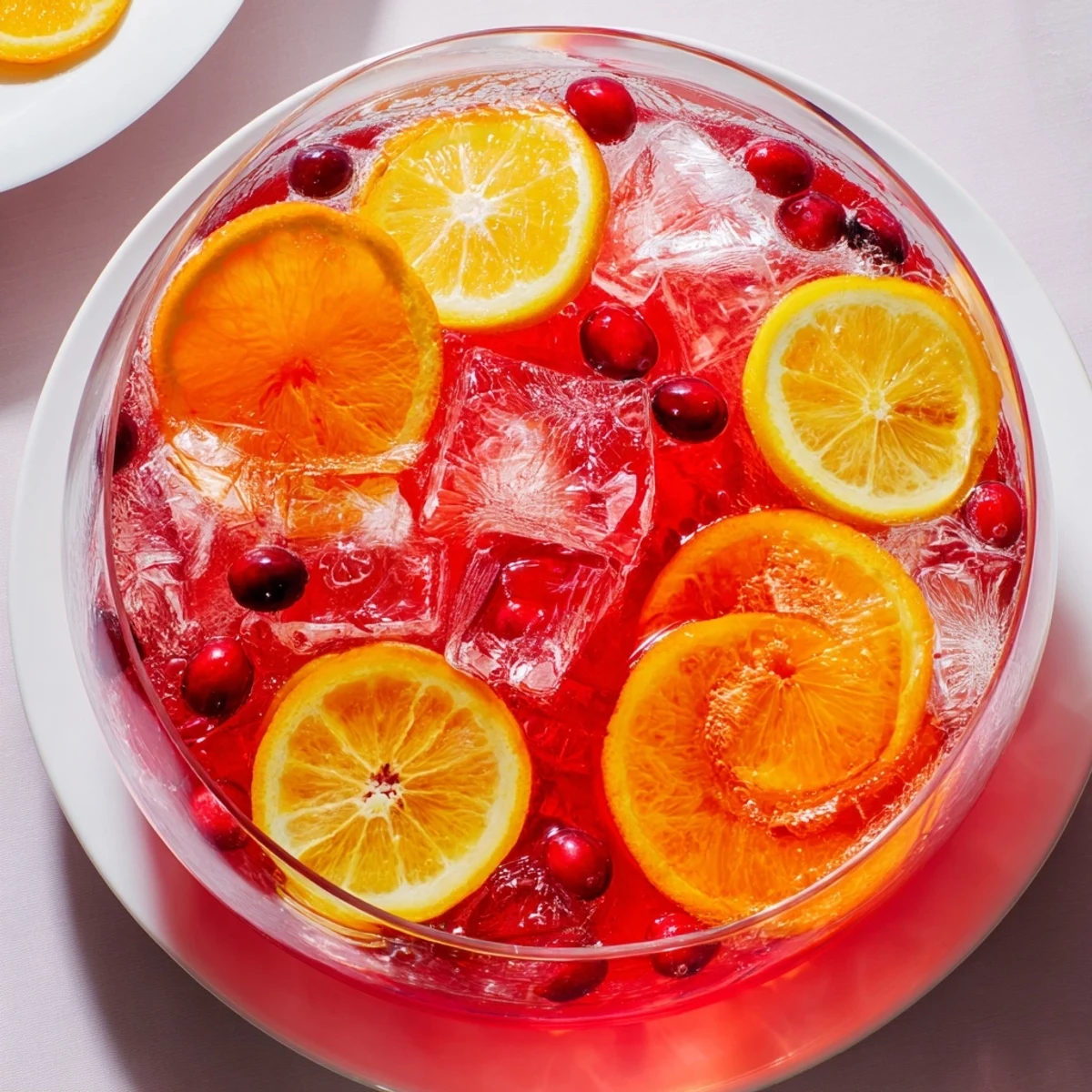 Quick Holiday Punch with Ice Ring: A vibrant, ruby-red punch bowl with floating, fruity ice ring, ready to serve.