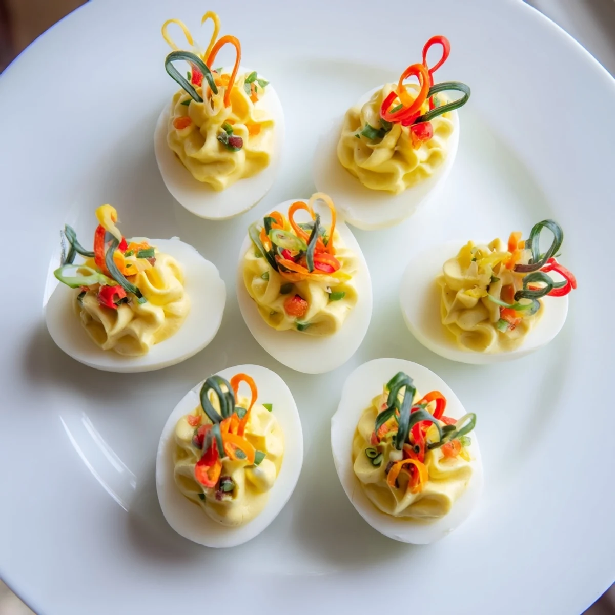 Festive deviled egg ornaments, vibrant with red and green pepper, are a delightful appetizer for any holiday gathering.