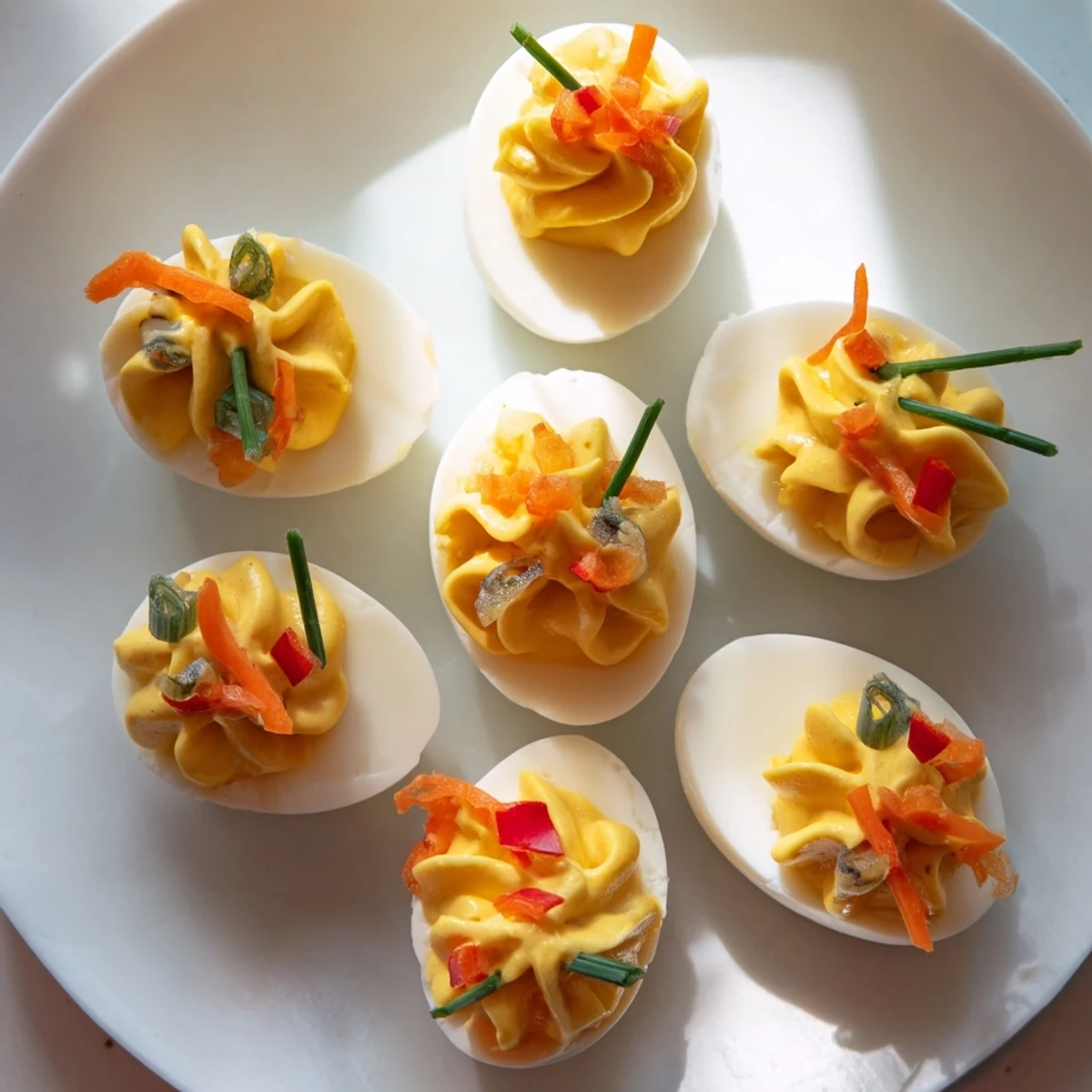 These easy-to-make deviled egg ornaments feature creamy filling and colorful pepper decorations, perfect for a party.