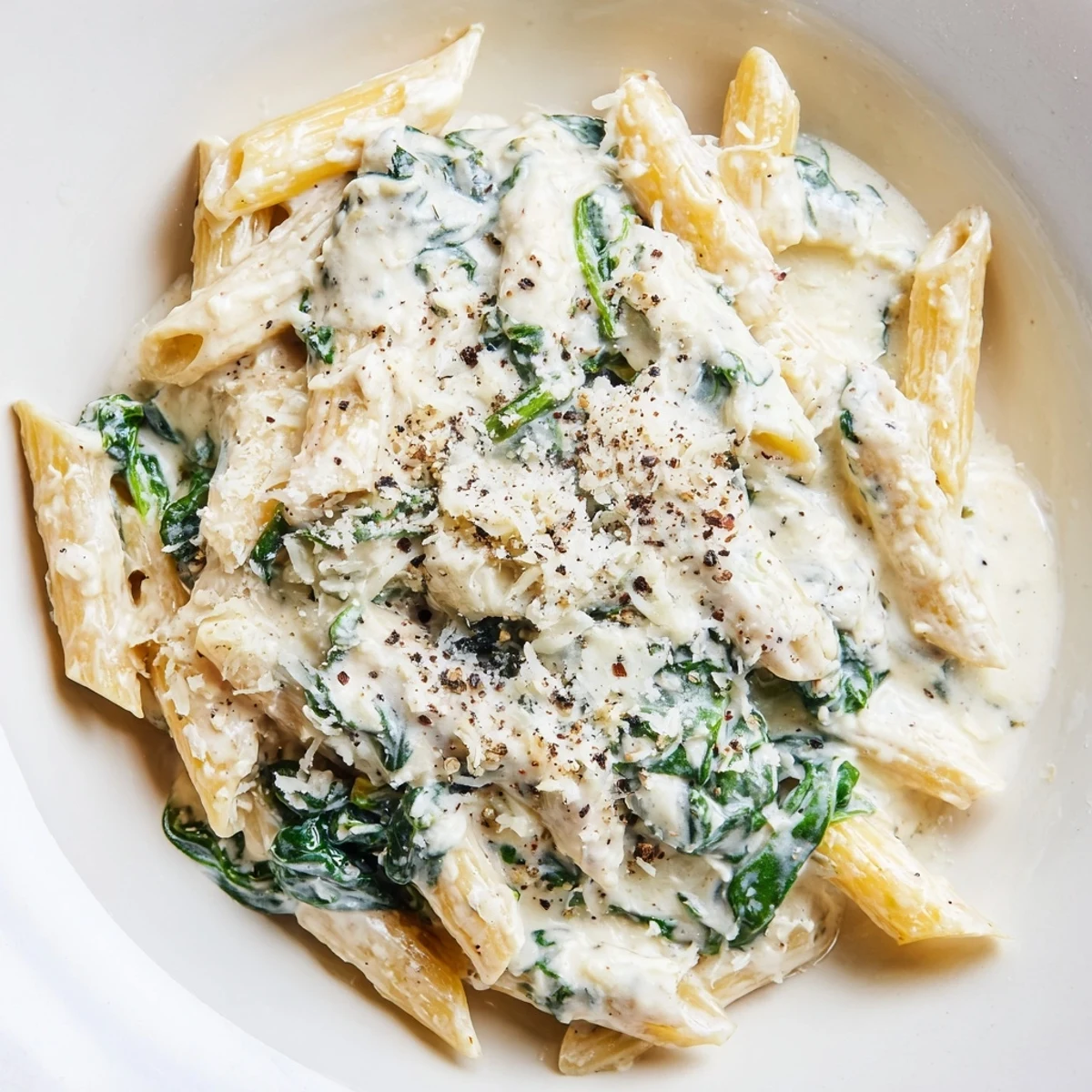 Close-up of freshly made Cottage Cheese Creamy Spinach Pasta, garnished with Parmesan cheese and pepper.