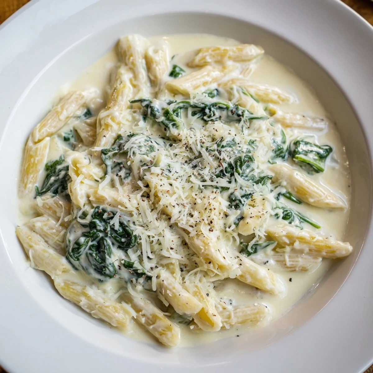 Steaming plate of Cottage Cheese Creamy Spinach Pasta, a satisfying vegetarian dinner, ready to eat.