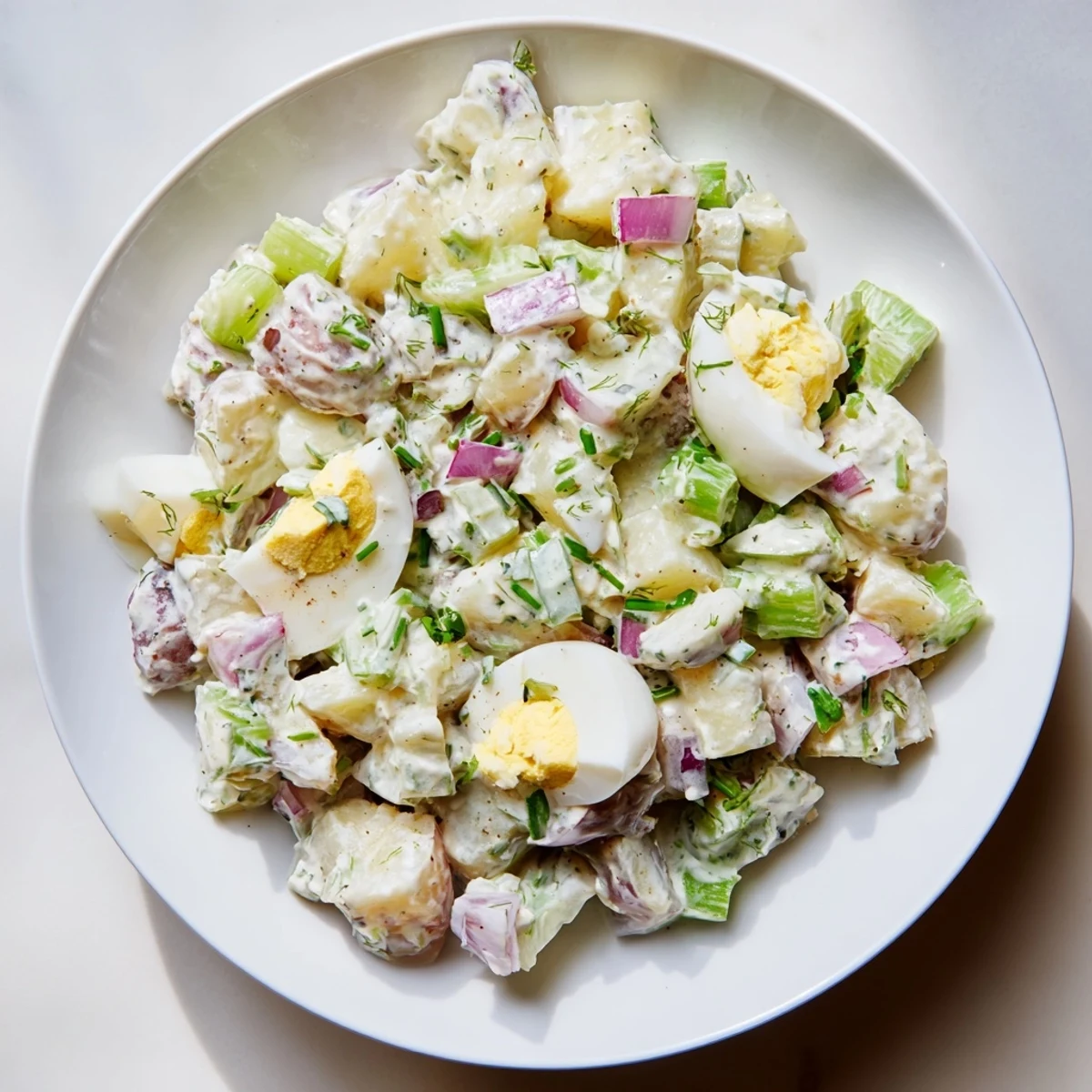 Freshly chopped herbs enhance this vibrant chopped egg and potato salad, perfect for any American get-together.