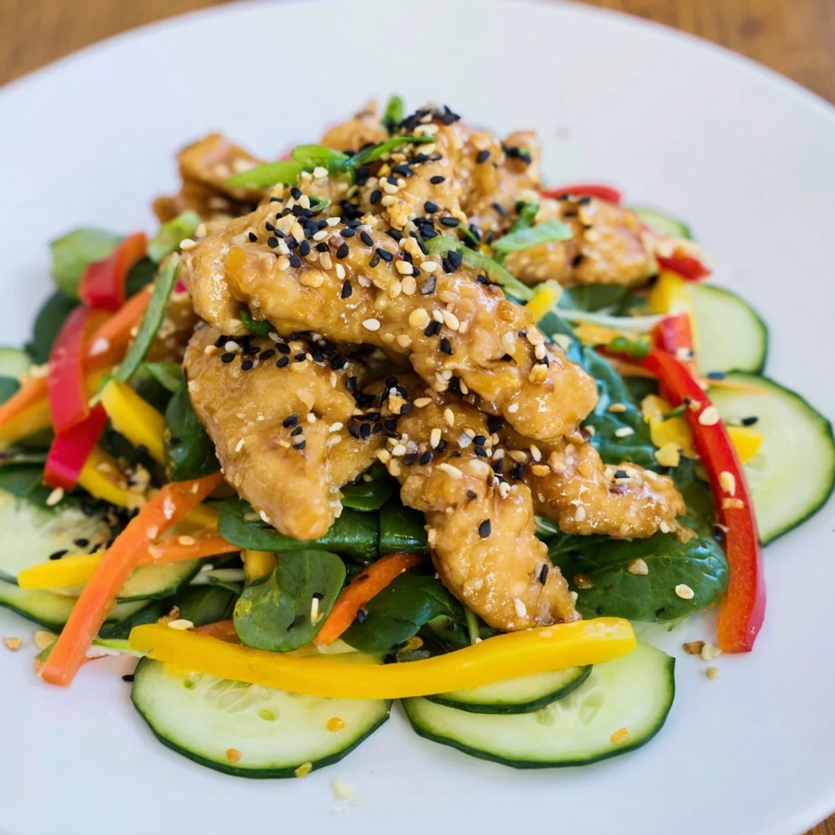 High-Protein Chicken Stir-Fry Salad Bowl with colorful veggies, sesame seeds, and cashews, ready to eat.