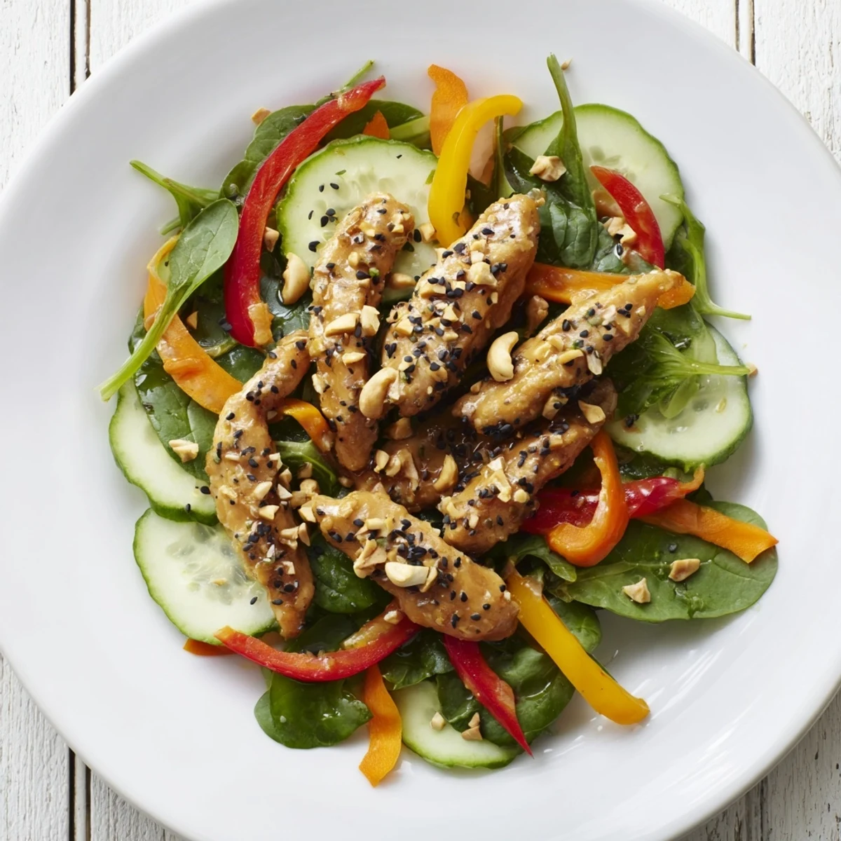 A healthy High-Protein Chicken Stir-Fry Salad Bowl: a tempting blend of protein, vegetables, and Asian flavors.
