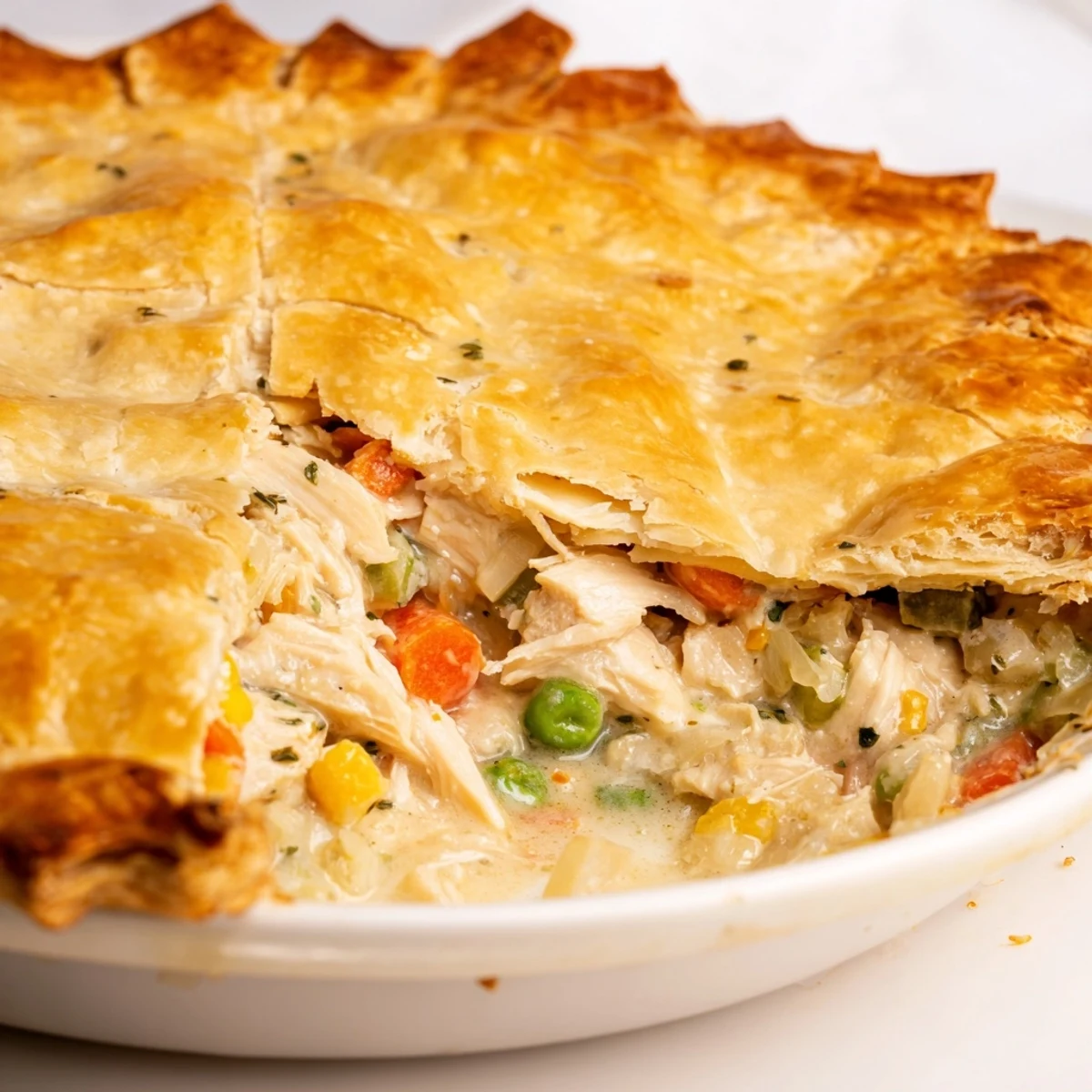 A close-up view of the irresistible Marry Me Chicken Pot Pie, freshly baked with a flaky, inviting crust.