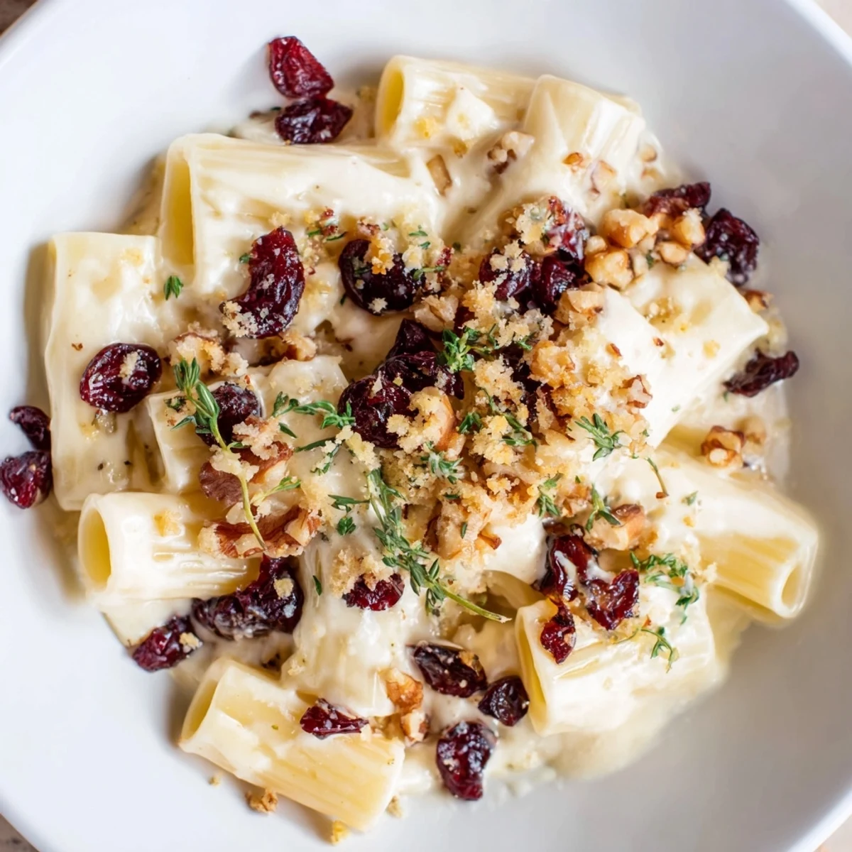Close-up of a festive bowl of Cranberry and Brie Tartlet Pasta with fresh thyme and vibrant cranberries.
