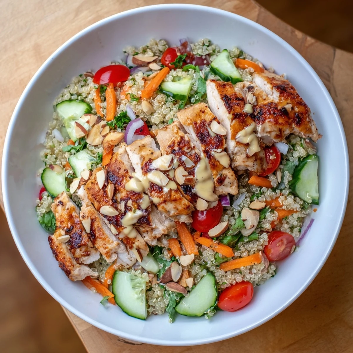 Juicy Crunchy Quinoa Chicken Salad with a bright lemon dressing and crunchy seeds.