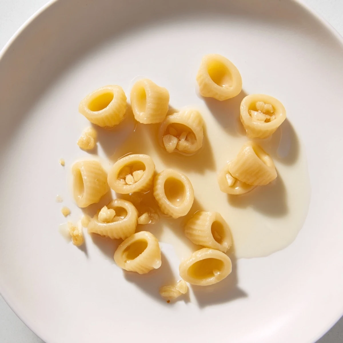 Golden ditalini pasta coated in buttery garlic sauce, a simple 3-ingredient dish.