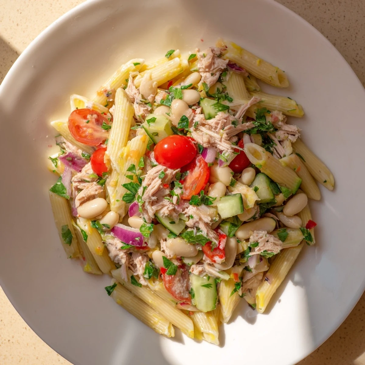 Bright, colorful Spicy Tuna Pasta Salad with a chili-lime dressing, perfect for a picnic.