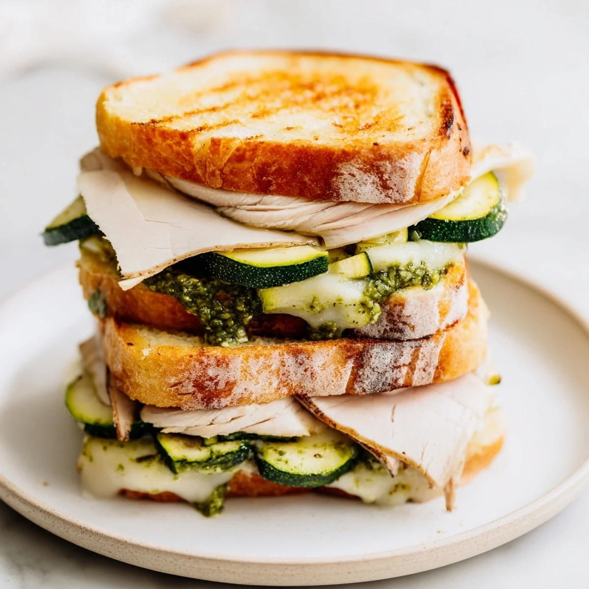 Golden, crispy Pesto Turkey Zucchini Grilled Cheese Stacks, oozing with melted cheese and fresh pesto.