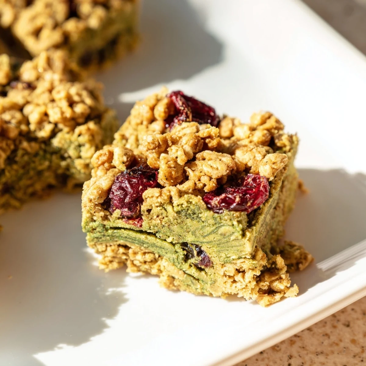 Golden Matcha Cranberry Oat Crumble Breakfast Bars, a delicious mix of textures, perfect for easy mornings.
