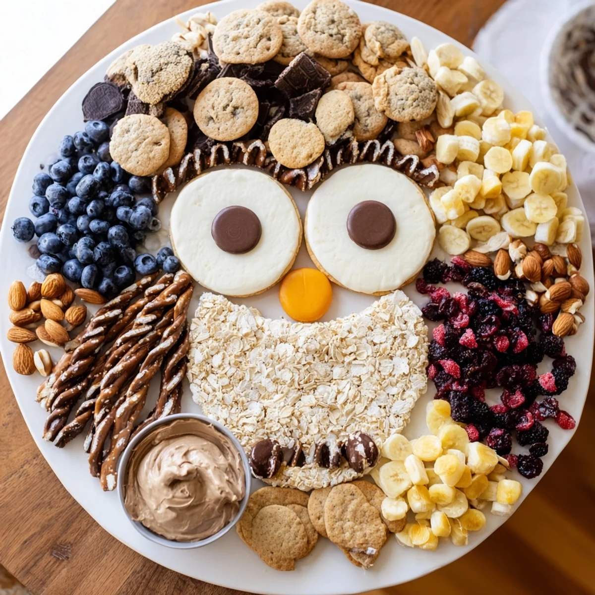 A delightful Owl Hooting Dessert Board with chocolate, cookies, and fruity accents for your viewing.
