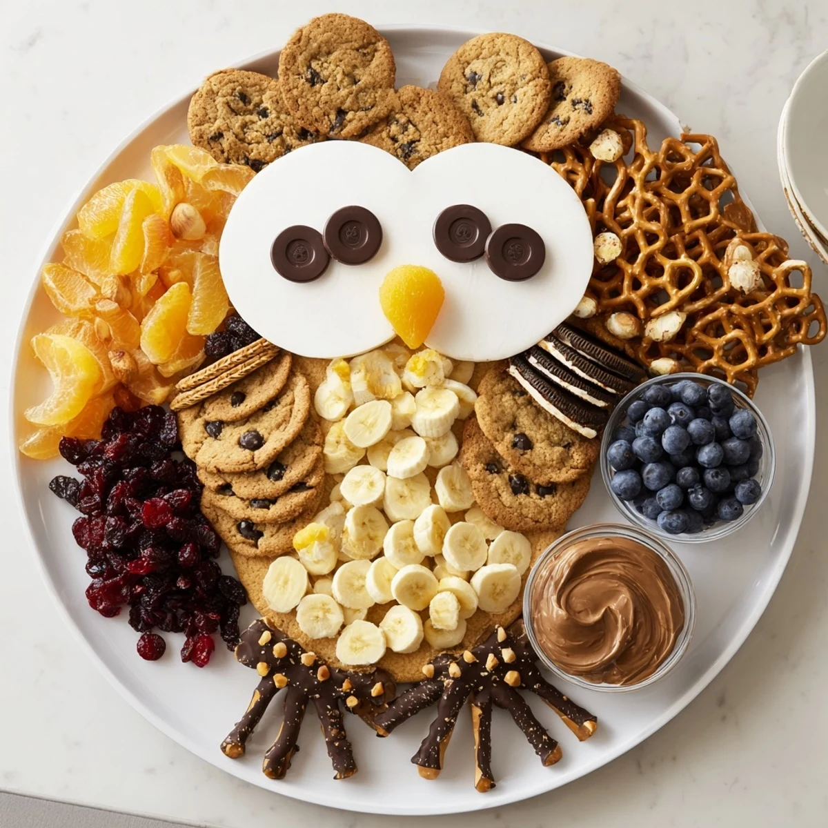 This festive Owl Hooting Dessert Board presents creative cookies, candies, and fruit arranged beautifully for guests.