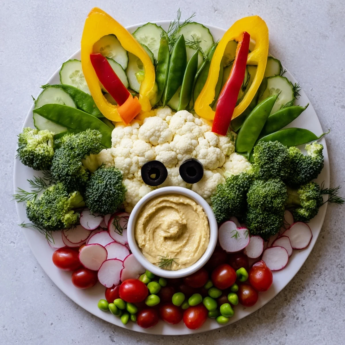 Bunny Meadow Veggie Board: Vibrant spring vegetables arranged deliciously like a bunny in a healthy, fun appetizer.