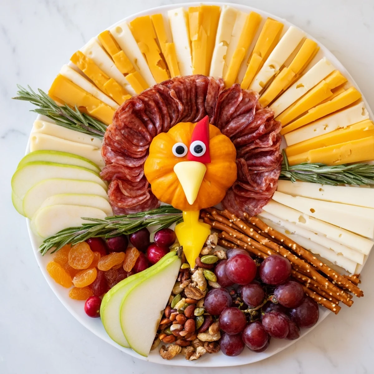 A beautiful Thanksgiving Wheat Field Turkey Board is loaded with cheeses, meats, crackers, and fruit.
