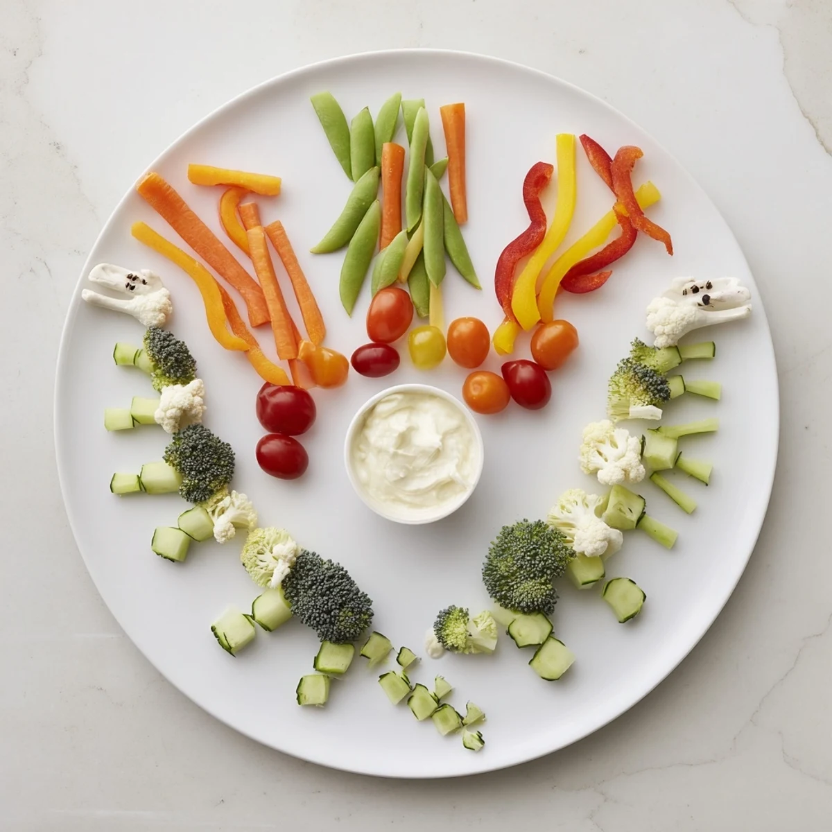 Beautifully constructed Dino-Mite Dinosaur Fossil Crudités appetizer with rows of vibrant vegetables and creamy dip.