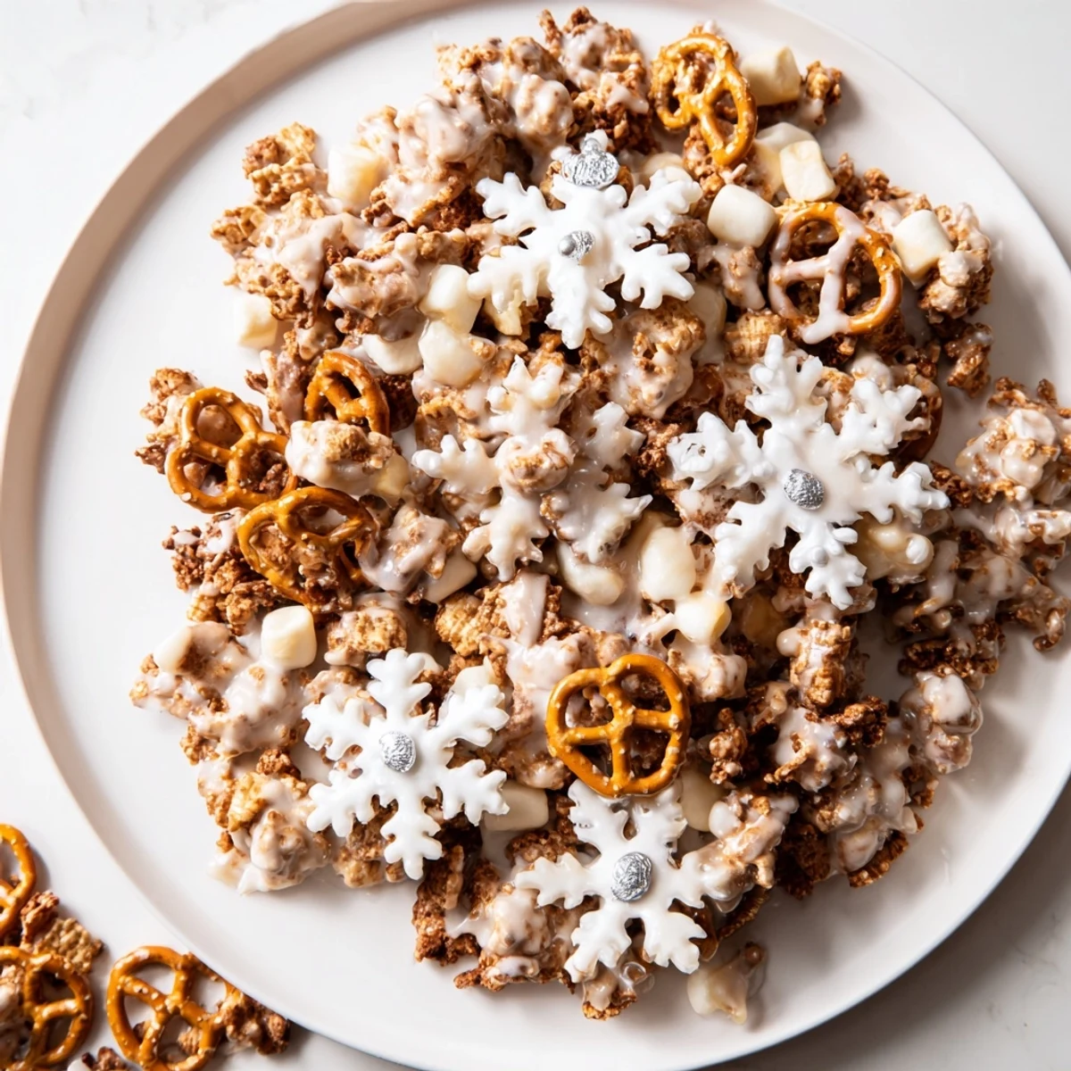Golden, snow-dusted Ski Season Snowflake Snack Mix, perfect for a cozy, festive winter treat.