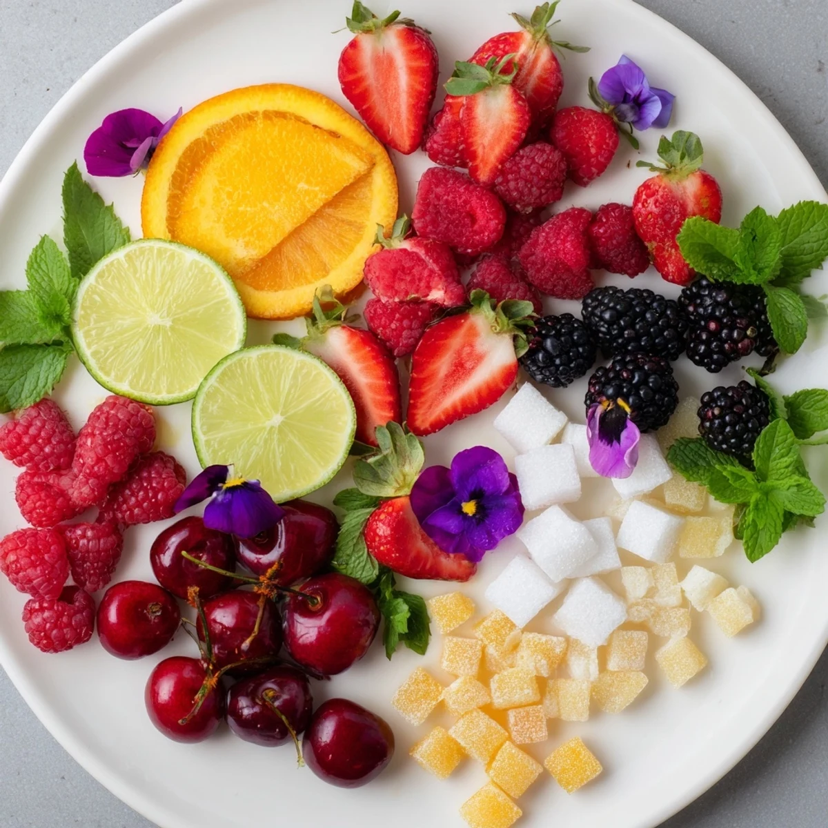 Colorful Champagne Bar Garnishes, featuring berries, citrus slices, and edible flowers for celebratory drinks.