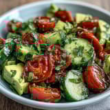 Fresh cucumber tomato avocado salad with lemon dressing, a vibrant mix of crisp vegetables and creamy avocado in a tangy citrus vinaigrette.