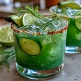 Refreshing Viral Pickle Margarita Mocktail, perfectly chilled with a vibrant jalapeño salt rim.
