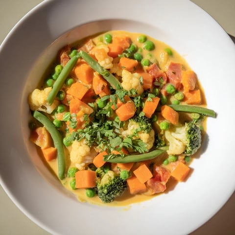 Steaming Veggie Coconut Curry, a vegan delight with colorful vegetables in creamy coconut milk.