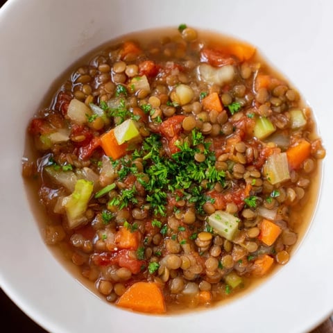 Steaming bowl of Lentil Soup with carrots and celery, garnished with fresh herbs, a warming vegetarian meal.